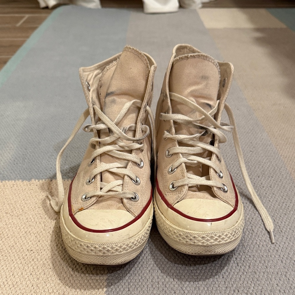 Beige Converse High-Top Canvas Sneakers with Red Trim